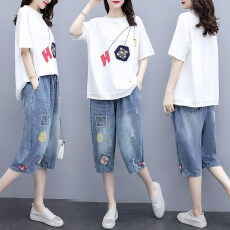 批发女夏新款<b class='q'>时尚</b>套装韩版宽松休闲纯棉T恤牛仔裤洋气两件套<b class='q'>潮流</b>