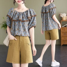 批发欧洲站夏新款碎花短<b class='q'>袖</b>衬衫女设计感减龄<b class='q'>上衣</b>高腰直筒五分裤两件套