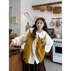 批发加绒娃娃领<b class='q'>蕾丝</b>衬衫+灯芯绒夹棉马甲+裤子