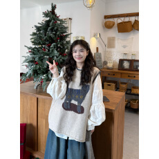 批发宽松刺绣<b class='q'>衬衫</b>+可爱猫咪提花针织马甲