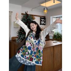 实拍。宽松提花马甲+蕾丝拼接内搭长袖T恤+阔腿裤