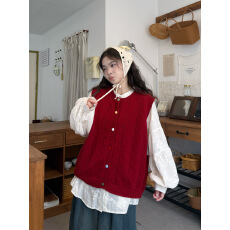 批发宽松刺绣长袖衬衫+彩扣<b class='q'>镂空</b>针织马甲