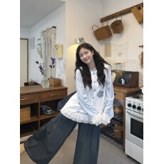 批发叠穿马甲+花边<b class='q'>拼接</b>打底长袖内搭+牛仔裤