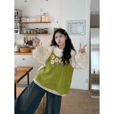 批发立体花朵针织马甲+内搭长袖打底衫+<b class='q'>牛仔</b>裤