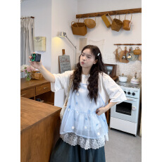 批发立体<b class='q'>圆点</b>网纱吊带背心+花边拼接内搭短袖T恤+牛仔<b class='q'>裤</b>