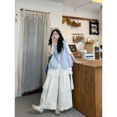 批发格子马甲+<b class='q'>蕾丝拼接</b>短袖内搭+裤子