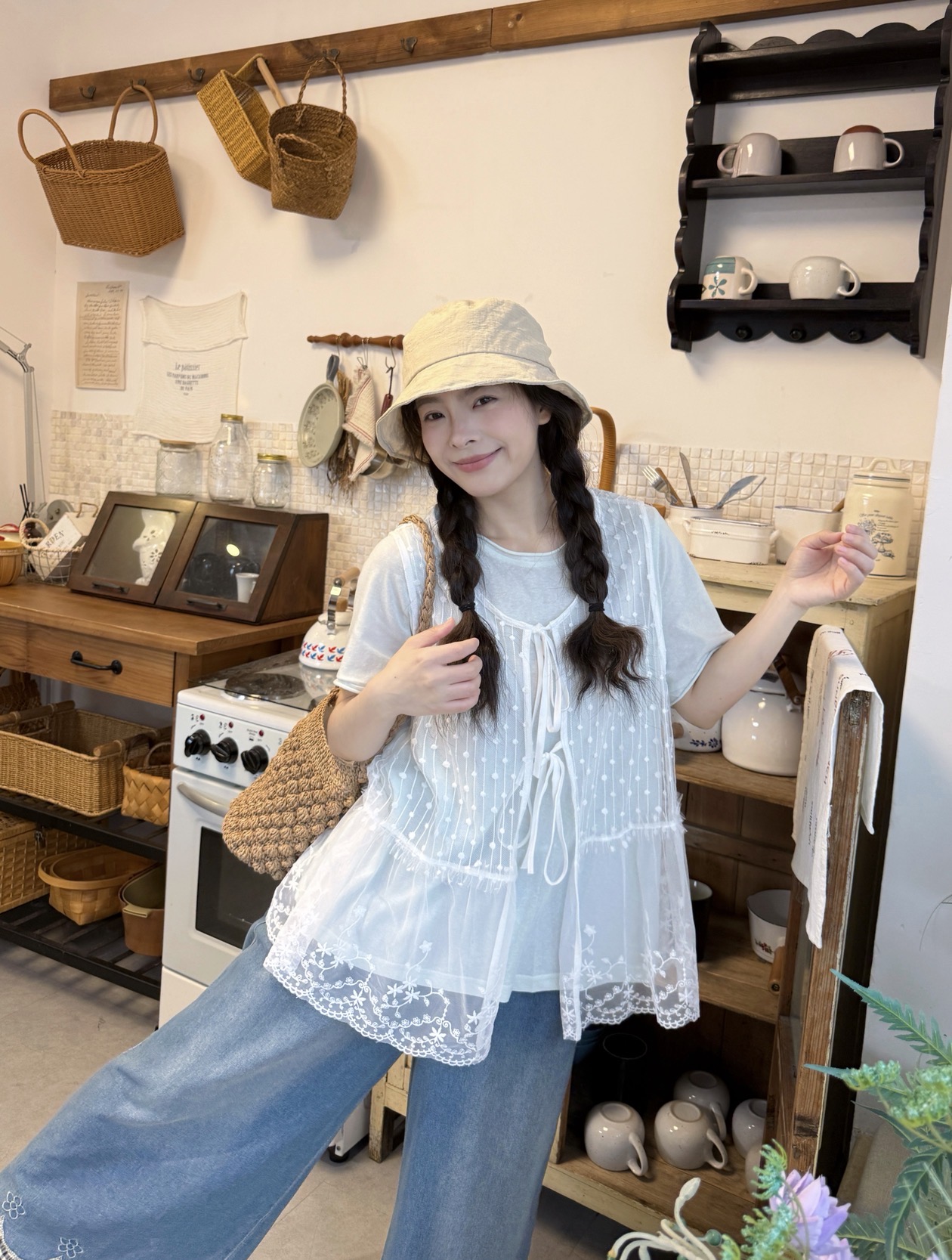 실사 레이스 패치워크 스택 착용 베스트 반팔 만나는 티셔츠 청바지