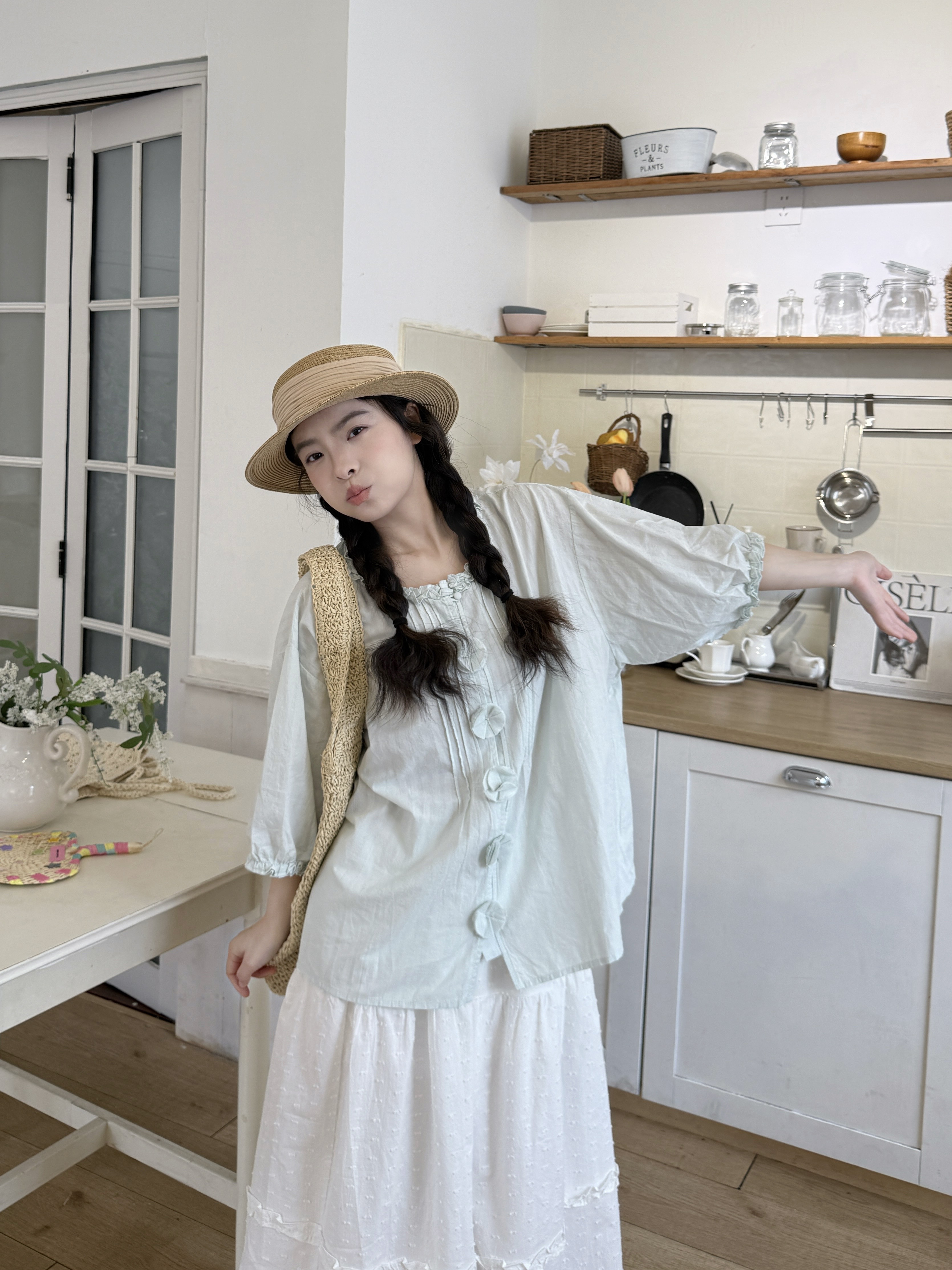 실사 여름 새로운 일본식 레트로 문예 3 차원 꽃 디자인 센스 반팔 셔츠 루즈핏 다용도 맨위
