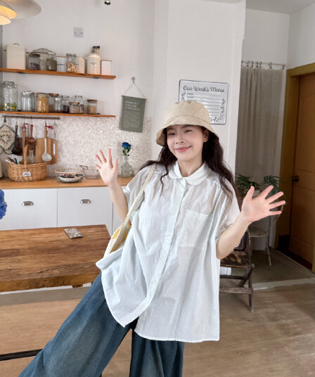실사 도트 반팔 셔츠 청바지