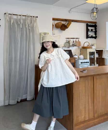 실사 베이비 칼라 도트 무늬 반팔 셔츠 8 점 바지