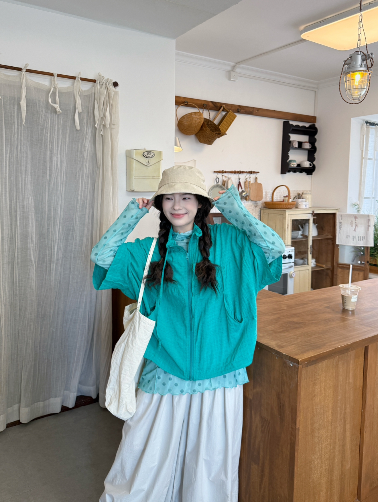 실사 캐주얼 펌프 로프 베스트 자외선 차단 후드 긴팔 만나는 바지
