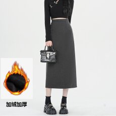 批发加绒加厚 纯色百搭毛呢<b class='q'>半身裙</b>女中长款a<b class='q'>字</b><b class='q'>裙</b>宽松直筒后开叉包臀<b class='q'>裙</b>