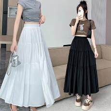 批发春夏新款白色拼接半身裙女气质百搭大摆文艺法式伞裙高腰蛋糕长裙