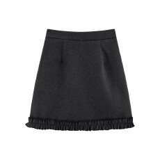 批发灰色毛呢半身裙女冬季新款设计感木耳边法式短裙高腰包臀a字裙子