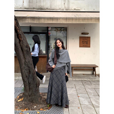 批发DaqianwithU 灰色高腰显瘦呢子格纹半身裙女秋冬通勤加厚直筒长裙