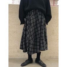 批发JOENG 2025冬复古松紧羊毛呢格子半身裙中长款拼接花苞蓬蓬a字裙