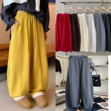 批发【中国红】高腰抽绳加绒加厚阔腿休闲女冬<b class='q'>新款</b>韩版宽松弯刀<b class='q'>裤</b>卫<b class='q'>裤</b>