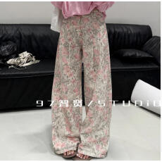 SK智贤美式复古花卉满印宽松显瘦阔腿牛仔裤直筒拖地