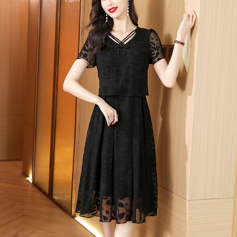 MY8452# 假两件短袖连衣裙女夏季新款洋气显瘦黑色时尚国风长裙子女裝貨源服裝批發