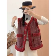 批发2025秋冬新款文艺复古刺绣皮毛一体马甲上衣外套女宽松休闲百搭