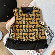 批发实拍2025秋冬新款小金象复古提花国风叠穿鸵鸟毛流苏马夹女背心