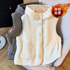 批发实拍时尚简约外搭羊羔毛连帽马甲外套女秋冬季宽松独特毛绒背心潮