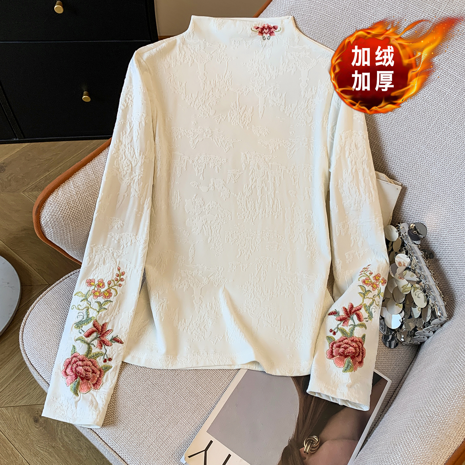MY15445# 高级感新中式国风刺绣上衣女冬季新款设计感加绒长袖打底衫女裝貨源服裝批發