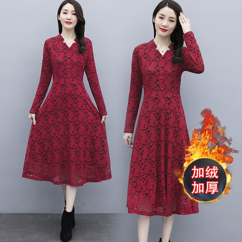 MY15446# 蕾丝连衣裙新款洋气v领显瘦过膝阔太太长裙子潮女裝貨源服裝...