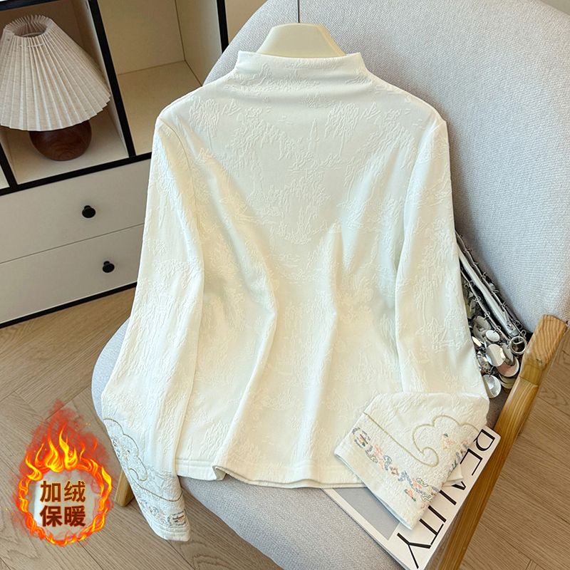 MY15444# 中式女装国风刺绣上衣秋冬半高领宽松加薄绒款长袖打底衫女女裝貨源服裝批發