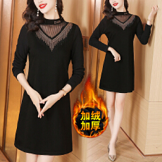 批发实拍2025冬季加绒加厚<b class='q'>网纱</b>领口半高领保暖显瘦打底<b class='q'>裙</b>中长款连衣<b class='q'>裙</b>