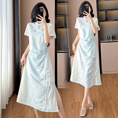 批发实拍2026夏装<b class='q'>新款</b>仙仙竹韵蓝色新中式短袖<b class='q'>旗袍</b>连衣裙女收腰长裙子