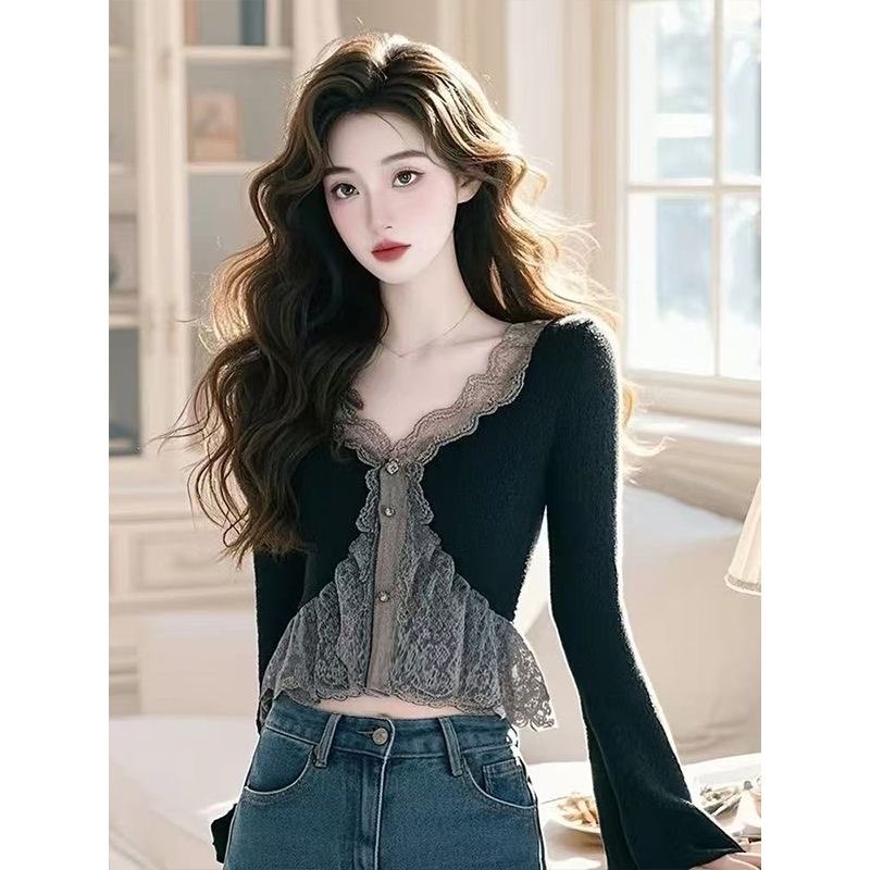 순수한 욕망 바람 배색 레이스 조각 V넥 긴팔 니트 오픈 가디건 여성 봄 가을 외국 가스 몸매 가꾸기 다용도 패션 맨위