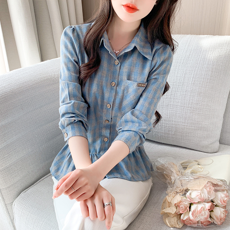 레트로 체크무늬 POLO 칼라 긴팔 셔츠 2026 봄 새로운 허리 수축 슬림해 보이는 작은 대중 프릴 맨위