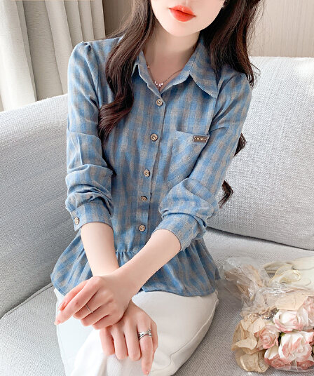 레트로 체크무늬 POLO 칼라 긴팔 셔츠 2026 봄 새로운 허리 수축 슬림해 보이는 작은 대중 프릴 맨위