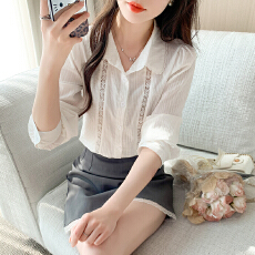 批发2026新款法式复古娃娃领白色<b class='q'>衬衫</b>女蕾丝拼接泡泡袖设计感小众上衣