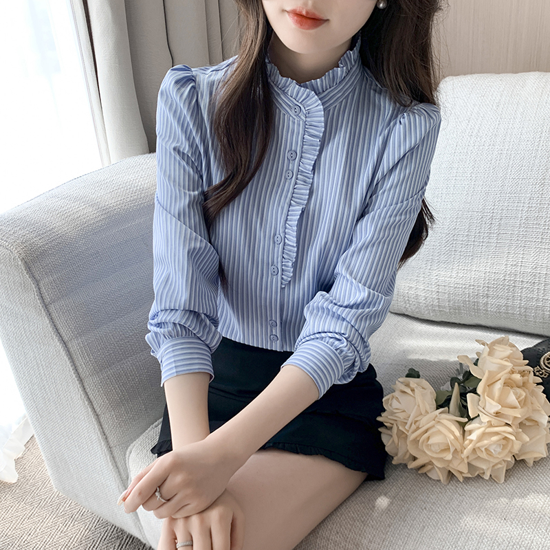 궁정 바람 프릴 스탠드 칼라 스트라이프 셔츠 2026 봄 새로운 패치워크 긴팔 다용도 맨위