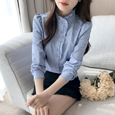 批发宫廷风木耳边立领<b class='q'>条纹</b><b class='q'>衬衫</b>2026春季新款拼接长袖百搭上衣