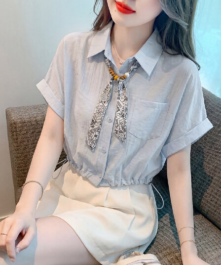 프랑스식 고급 센스 스카프 폴로 칼라 반팔 셔츠 여성 의류 여름 새로운 펌프 로프 허리 수축 슬림해 보이는 다용도 맨위