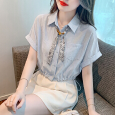 批发法式高级感丝巾翻领短袖衬衫女装夏季新款抽绳收腰显瘦百搭上衣