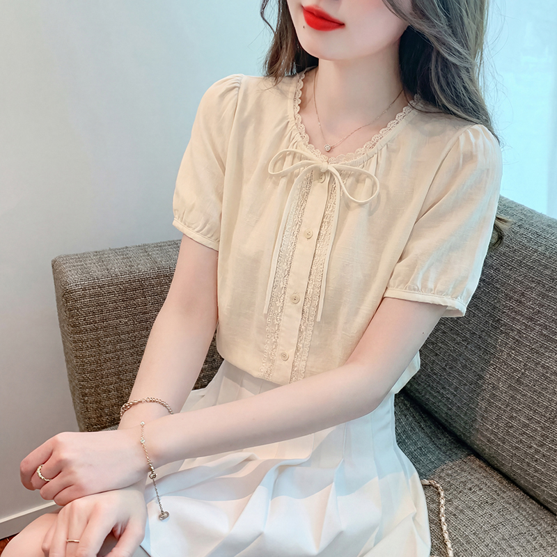 고급 프릴 라운드 넥 반팔 여성 셔츠 2026 여름 새로운 빅 사이즈 달콤함 파란색 작은 셔츠 맨위
