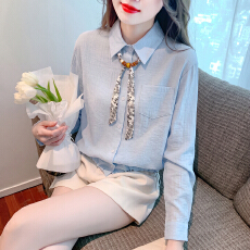 批发法式高级感丝巾翻领长袖衬衫女装秋季新款抽绳收腰显瘦百搭上衣