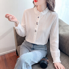 批发2026秋季新款法式木耳边立领刺绣长袖衬衫女百搭气质上衣