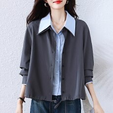 批发实拍大码女装2025秋<b class='q'>冬</b>新款假两件撞色双领抽绳长袖衬衫上衣女