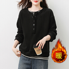 批发<b class='q'>实拍</b>2025秋冬新款韩版双面绒加厚加绒假两件休闲百搭保暖卫衣女