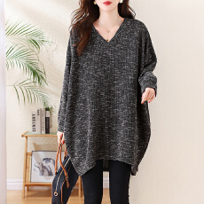 批发实拍2025秋<b class='q'>冬</b>新款复古V领圆弧下摆大码胖mm宽松洋气针织连衣裙女