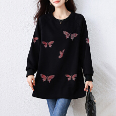 批发实拍2025秋冬新款韩版圆领套头休闲风卫衣重工烫钻洋气黑色上衣女