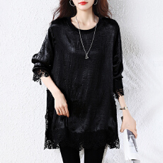 批发实拍2026春季新款圆领醋酸拼接蕾丝宽松遮肉<b class='q'>中长款</b>大码女装打底衫