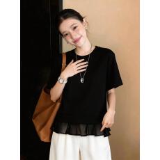 批发实拍2026夏季新款大码女装显瘦遮肉气质拼接雪纺时尚T恤<b class='q'>上衣</b>女
