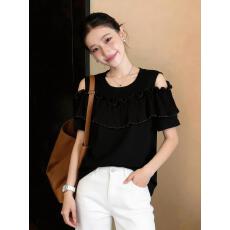 批发实拍2026夏季新款圆领荷叶边压褶露肩显瘦遮肉大码时尚T恤<b class='q'>上衣</b>女