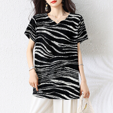批发实拍2026夏季胖mm遮肉显瘦宽松休闲大码拍v领条纹短袖提花<b class='q'>T</b><b class='q'>恤</b>女